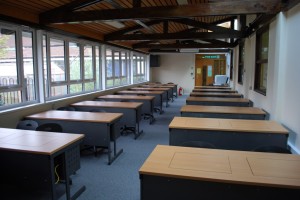large classroom with screen desks installed