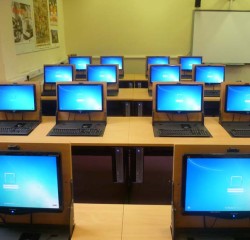 high view of flip screen desks in classroom