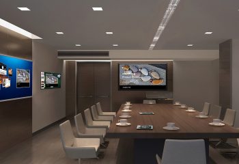 Brand new office with screens and long meeting table